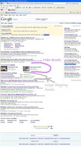 Google results showing video and shopping results on first page